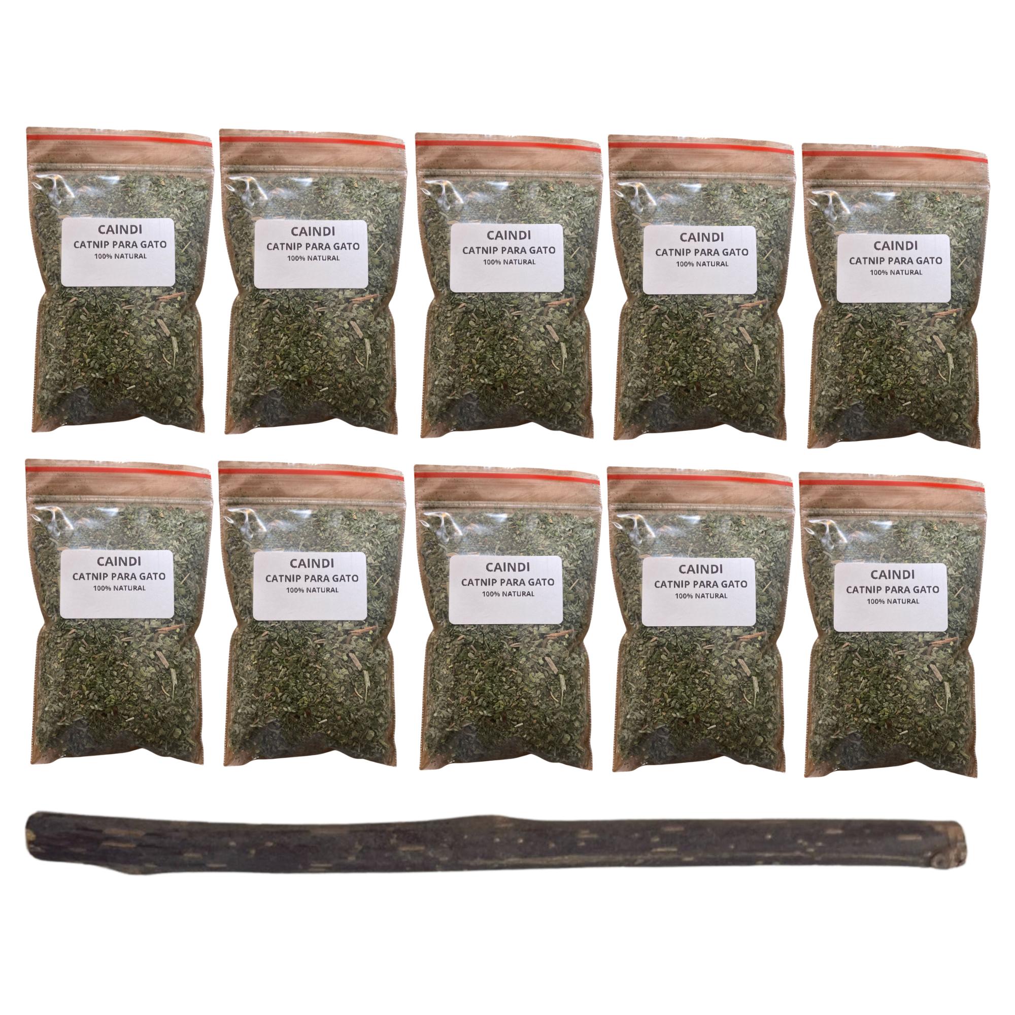 Kit 10 Pacotinhos Catnip Premium Caindi + 1 Palito Matatabi Orgânico Natural Alta Eficácia Rende Muito